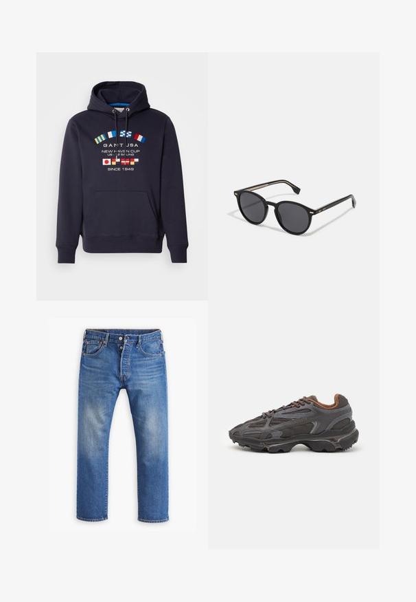 Granatowy hoodie z regulowanym sznurkiem, z wyszytymi flagami morskim oraz napisem "GANT USA NEW HAVEN CUP" w różnych kolorach. Przednia kieszeń typu kangur.; Niebieskie dżinsy o prostym kroju nogawek, z widocznym wyblaknięciem, zapięcie na guzik i zamek błyskawiczny, pięć kieszeni i pomarańczowe wykończenia.; Sneakers Lacoste w ciemnoszarym kolorze, wykonane z siateczki i materiału syntetycznego, z teksturowaną podeszwą oraz brązowymi akcentami na kołnierzu i logotypie.; BOSS Okulary przeciwsłoneczne