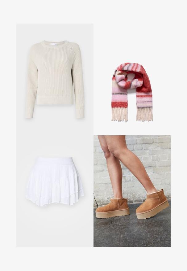 Light beige knitted sweater with a round neck, long raglan sleeves, and ribbed cuffs and hem. Textured yarn adds visual interest.; Hollister Co. TIERED FEMME - Pleated skirt - bright white; Brown suede ankle boots with a plush lining, thick beige platform sole, and a rear pull tab. Textured surface with visible stitching details.; Striped scarf in soft, textured wool; features red, pink, and white stripes with light fringes at the ends.