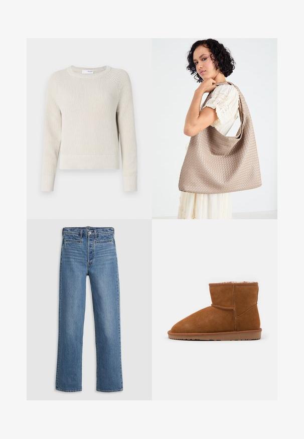 Light beige knitted sweater with a round neck, long raglan sleeves, and ribbed cuffs and hem. Textured yarn adds visual interest.; Light blue, straight-leg jeans made of denim. Features include a button fly, five pockets, and subtle fading. No embellishments or patterns.; Brown suede ankle boot with a rounded toe and soft lining, featuring a flat rubber sole and minimal stitching details.; Woven beige tote bag with a slouchy design and a single shoulder strap. Features a textured pattern throughout the surface.