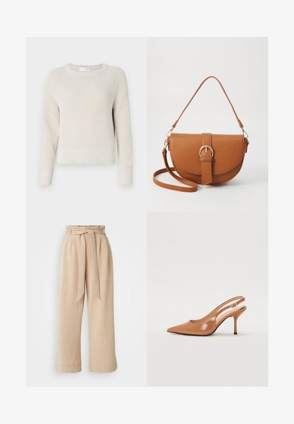 Licht beige gebreide trui met een ronde hals, lange raglanmouwen en geribbelde manchetten en zoom. Textuurgaren voegt visuele interesse toe.; Beige wijde broek met een riem in de taille, gemaakt van een textuurstof. Heeft een geplooide voorkant en een gladde afwerking langs de zoom.; Puntige slingback hak in een glad, glanzend beige materiaal. Bevat een gebogen uitsnijdontwerp en een slanke stiletto hak. Zilveren gesp detail.; Bruine leren schoudertas met een gebogen vorm, gouden hardware en een gespaccent. Bevat een afneembare schouderriem.