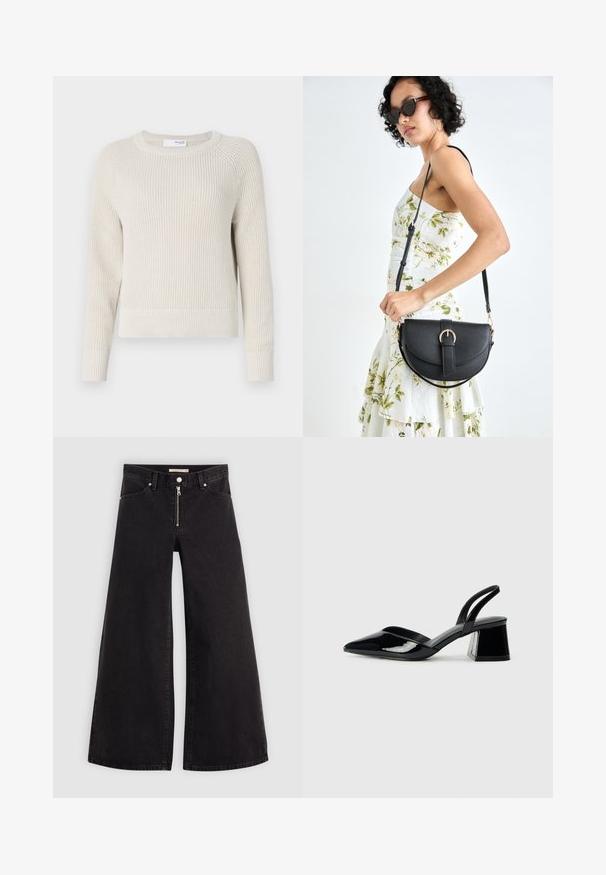 Pull en maille beige clair avec un col rond, des manches raglan longues et des poignets et un ourlet côtelés. Le fil texturé apporte un intérêt visuel.; Jean large en denim noir avec une fermeture éclair à l'avant, un design à cinq poches et des détails de couture subtils. Texture lisse et style décontracté.; Escarpins en cuir verni noir avec bout pointu et talon bloc géométrique. Présente un design élégant et minimaliste ainsi qu'une texture lisse.; Sac à main en cuir noir avec une forme courbée, bandoulière amovible et des accessoires en or. Le sac est doté d'un rabat avec un détail de boucle.