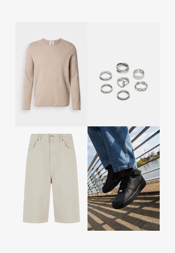 Šviesiai rudas ilgas rankovės megztinis, pagamintas iš minkštos medžiagos, su apvalia iškirpte ir tiesiu apatinio krašto dizainu. Savybės: tekstūrinis mezgimas ir minimalistiškas dizainas.; Bežo džinsiniai šortai su tiesiu kirpimu, priekyje užsegami mygtuku ir turintys keturis kišenes. Medžiaga turi lygų paviršių ir minimalų siuvimo detalumą.; Juodos Nike Air Force 1 sportbačiai su odiniu viršumi, tinkleliu ant liežuvio ir guminiais padais, pasižymintys aukštu dizainu ir storomis raištelėmis.; Septyni sidabriniai žiedai, nusprendti įvairiais dizainais, įskaitant susuktus, susietus ir raižytus raštus. Skirtingos formos ir pločiai.