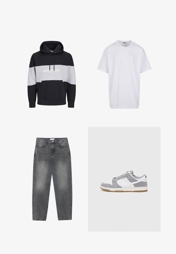 Navy en grijze color block hoodie van katoen, met een kangoeroe pocket en logo op de borst. Zachte textuur en ribgebreide boorden.; Witte katoenen t-shirt met korte mouwen, ronde hals, relaxte pasvorm en zonder zichtbare logo's of patronen. Gladde textuur en minimalistisch ontwerp.; Hoge taille, losvallende jeans van vervaagd zwart denim. Beschikt over vijf zakken, riemlussen en een schone, rechte broekspijp ontwerp.; Grijze en witte sneaker met een bovenwerk van suede en leer, ronde neus, platte veters en een rubberen zool met een gumaccent.