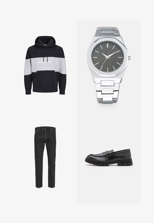 Navy and gray color block hoodie made of cotton, featuring a kangaroo pocket and logo print on the chest. Soft texture and ribbed cuffs.; Black denim jeans with a straight leg design, five pockets, and belt loops, featuring a slightly faded texture and contrast stitching.; Black leather loafers with a smooth finish, featuring a front strap detail and a chunky rubber sole with grooved accents.; Silver analog watch with an octagonal case, gray dial, silver hour markers, and a stainless steel link bracelet. Minimalist design with smooth texture.