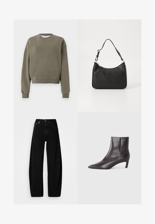 Olivenfarget kort sweatshirt laget av mykt stoff, med rund hals, lange ermer, og ribbede mansjetter ved kanten og ermene.; Svarte denimbukser med bred benvidde og høy midje, med knappestolpe, fem lommer og minimale sømdetaljer.; Svart lær ankelstøvlett med spiss tå og lav kitten hæl, jevn finish, glidelås på siden, vist på en nøytral bakgrunn.; Svart lærveske med en buet form, en enkelt stropp, glidelåslukking og subtil merkevarebygging på forsiden. Glatt tekstur, minimalistisk design.