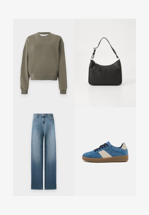 Sweatshirt corto verde oliva realizzato in tessuto morbido, con colletto tondo, maniche lunghe e polsini a costine sia all'orlo che alle maniche.; Jeans ampi di colore azzurro chiaro realizzati in denim, con vita alta, design a cinque tasche e leggera scoloritura lungo le gambe.; Sneaker blu scamosciato con accentuazione in pelle beige, lacci scuri e suola in gomma testurizzata; design a profilo basso con punta arrotondata.; Borsa a tracolla in pelle nera con forma curva, una tracolla singola, chiusura con zip e marchio discreto sul fronte. Texture liscia, design minimalista.