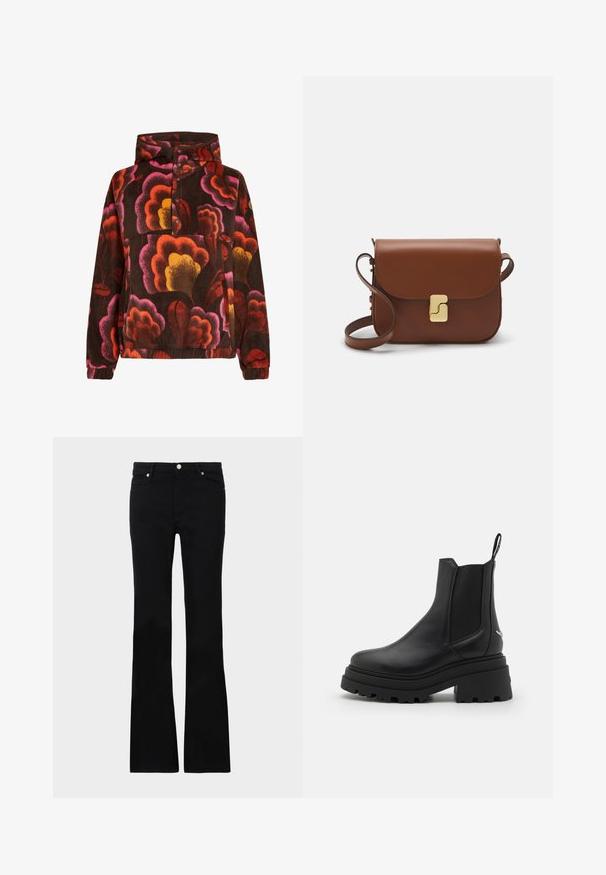 Fleeces pulovers ar rozā, oranžām un dzeltenām ziedu rakstiem uz tumši brūna fona. Ar kapuci un pogu slēgšanu. Mīksta tekstūra.; Melni flared džinsi, izgatavoti no džinsa auduma, ar divām priekšējām kabatām, pogu aizdari un gludu tekstūru. Redzamā veikala šuvju rakstība.; Melnas Chelsea zābaki, kas izgatavoti no gludas ādas, ar elastīgām sānu daļām, biezu, rievotu gumijas zoli un vilkšanas cilpu aizmugurē.; Bordo ādas rokas soma ar atloku, zeltītām detaļām, plecu siksnu un gludu virsmu. Kompakta, taisnstūrveida forma.