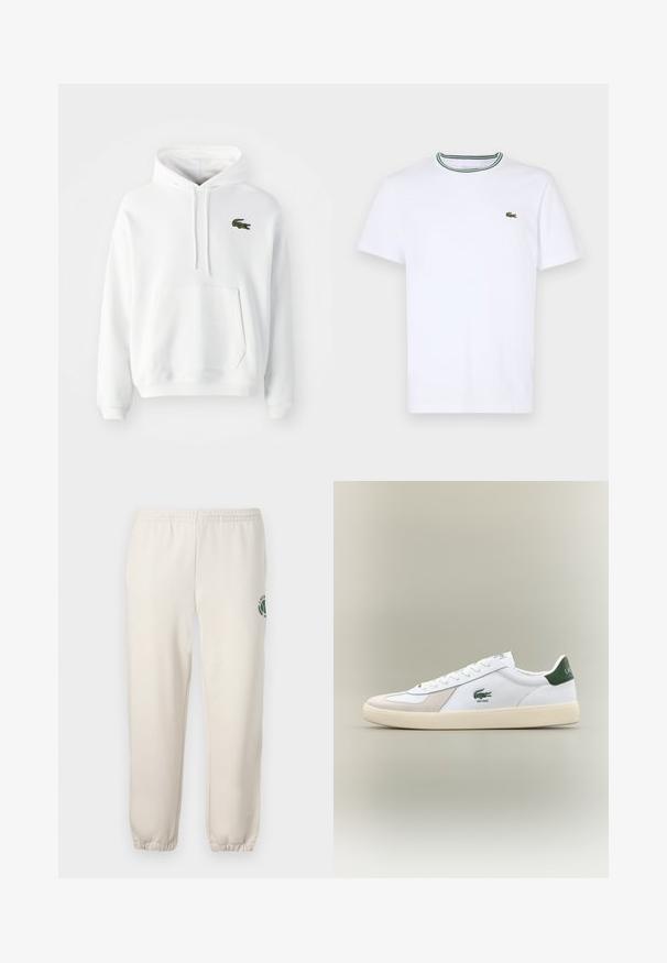 Bílá mikina s kapucí vyrobená z měkké, texturované tkaniny. Obsahuje klokaní kapsu a zelené vyšívané logo krokodýla na levé hrudi. Kapuce se stahovací šňůrkou.; Bílý bavlněný tričko s krátkým rukávem a lemovaným límečkem se zelenými a černými pruhy; malé zelené vyšívané logo na levé hrudi.; Světle béžové tepláky vyrobené z bavlny, s elastickým pasem, žebrovanými náplety a zeleným logem s designem listu na levé noze.; Bílá teniska se zelenými akcenty, z materiálů semiš a kůže, kulatou špičkou, texturovanou podešví a vyšitým logem na boku a jazyku.