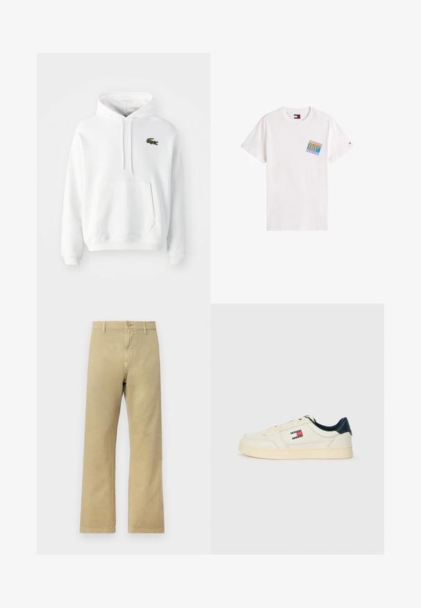 Fehér kapucnis pulóver puha, textúrált anyagból. Kanguru zsebből és zöld hímzett krokodil logóból áll a bal mellrészen. Állítható kapucni.; Fehér pamut póló, kerek nyakkivágással és rövid ujjakkal. Bal mellen kék és sárga grafikai logóval rendelkezik.; Világos bézs színű, egyenes szárú chino nadrág. Puha pamut anyagból készült, elöl gombos záródással és oldalsó zsebekkel rendelkezik.; Tejszínből készült bőrsneaker, tengerészkék sarokkal és nyelvvel, az oldalán piros, fehér és kék logópárnával.