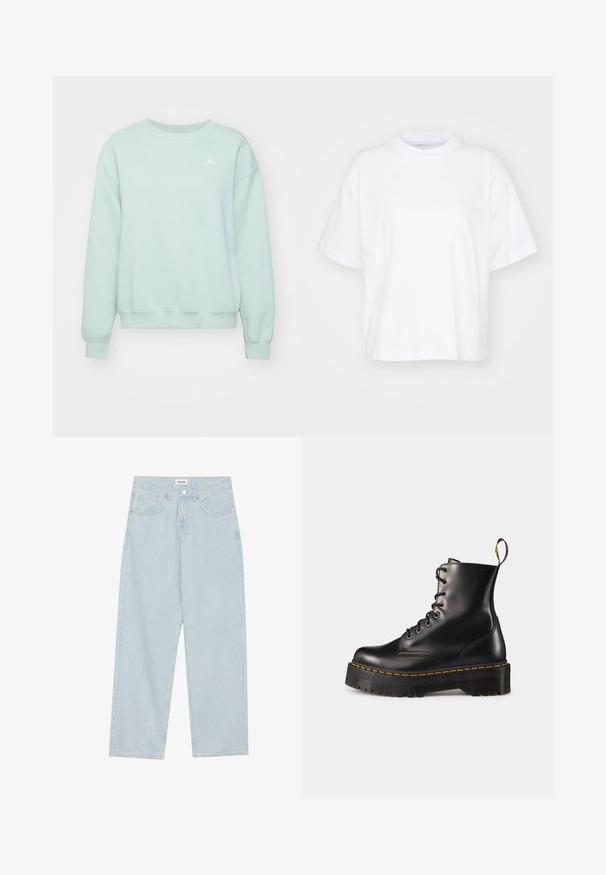 Minta zaļa sporta krekls ar apaļu kakla izgriezumu, ribotiem piedurknēm un apakšmalu. Uz kreisā krūšu rajona ir balts izšūts logotips. Mīksta tekstūra.; Balts kokvilnas T-krekls ar apaļu kakla izmēru, īsām piedurknēm un brīvu piegriezumu. Piedāvā diskretu logo kreisajā krūtī. Gluda tekstūra.; Gaiši zilas platās kājas džinsi, kas izgatavoti no denima, ar vidēju jostas augstumu, piecām kabatām un pogas aizdari ar šauru metāla akcentu.; Melnas ādas lakotās potītes ar masīvu melnu zoli un dzelteno šuvju. Izvērsta cilpa aizmugurē un apaļie metāla acu caurumi.