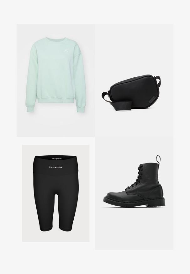 Mentazöld pulóver, kerek nyakkal, bordázott mandzsetta és alsó szegéllyel. Az előoldalon, a bal mellrészén fehér hímzett logó található. Puha tapintású.; Fekete sportnadrág rugalmas anyagból, magas derékkal, elöl fehér "PEGADOR" logóval.; Fekete bőr harci csizma, kerek orral, fűzős elülső résszel és húzófüllel a bokánál. Vastag gumitalp jellemzi, amely tartósságot biztosít.; Fekete, cipzáros keresztpántos táska sima anyagból, lapos formával, egyszálú pánttal és egy kis logós díszítéssel. Minimalista dizájn.