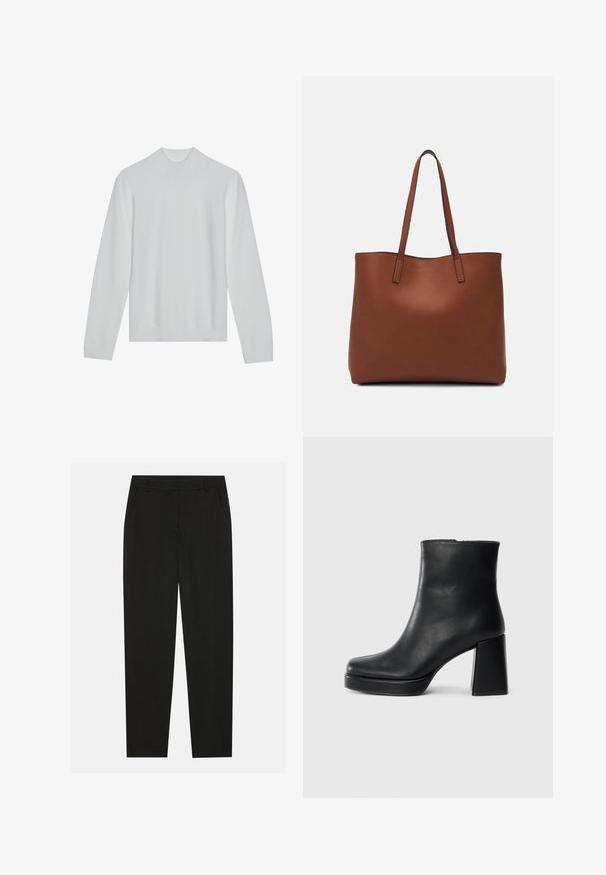 Balts turtlenecks ar garām piedurknēm, ribota apkakle un apakša. Mīksta tekstūra, minimālistisks dizains bez redzamām rakstām vai akcentiem.; Melnas bikses ar pielāgotu dizainu, ar sānu kabatām un taisnu kāju. Izgatavotas no gluda, viegla auduma ar elegantu apdari.; Melna ādas potīšu zābaku ar bloku papēdi un platformas zoli, skatīts no sāna uz vienkārša balta fona.; Brūna ādas iepirkumu soma ar gludu tekstūru, atvērta augšdaļa un divas plecu siksnas. Izceļas ar minimālām šuvēm un redzamu aparatūru nav.