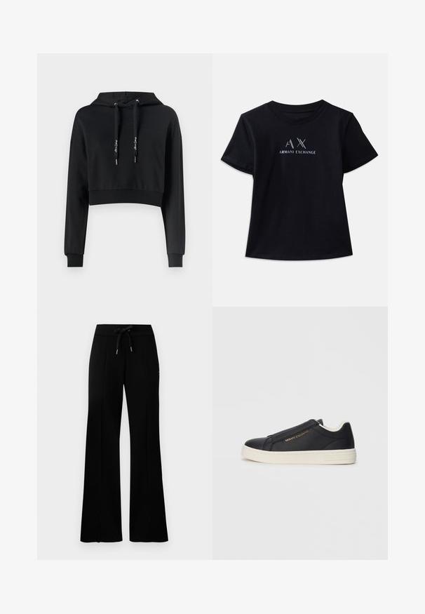 Zkrátená čierna mikina s kapucňou z mäkkého materiálu, dlhými rukávmi a rebrovanými manžetami a spodným lemom. Na prednej strane sa nachádzajú akcenty loga.; Čierne tričko s krátkym rukávom a okrúhlym výstrihom. Obsahuje logo "AX" a text "ARMANI EXCHANGE" v kontrastných bielych a kovových akcentoch. Jemná tkanina.; Čierne široké tepláky s elastickým pásom a šnúrkou, bočnými rozparkami, mäkkou látkou a štýlovým dizajnom.; Čierne kožené slip-on tenisky s bielou podrážkou, zlatým logom "Armani Exchange" na boku a minimalistickým šitím.