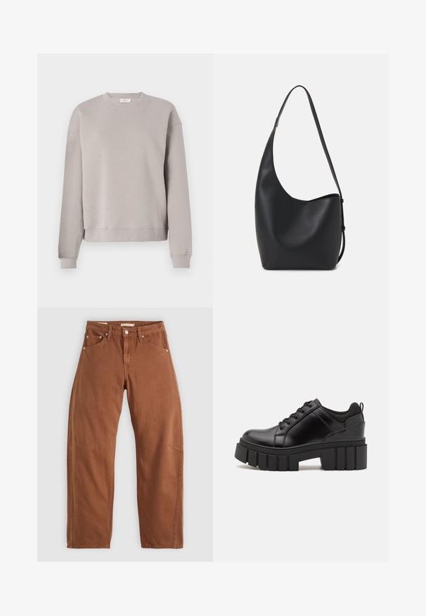 Light grey sweatshirt made of soft fabric, featuring a round neckline, long sleeves, and a relaxed fit with ribbed cuffs and hem.; Rust brown straight-leg jeans with front and back pockets, metal rivets, button closure, and belt loops, laid flat on a white background.; Black leather platform shoes with a chunky block heel, round toe, and traditional lace-up design. Features smooth texture and minimal detailing.; Black leather hobo bag with a smooth texture, curved shape, and single adjustable strap; features a wide opening at the top.