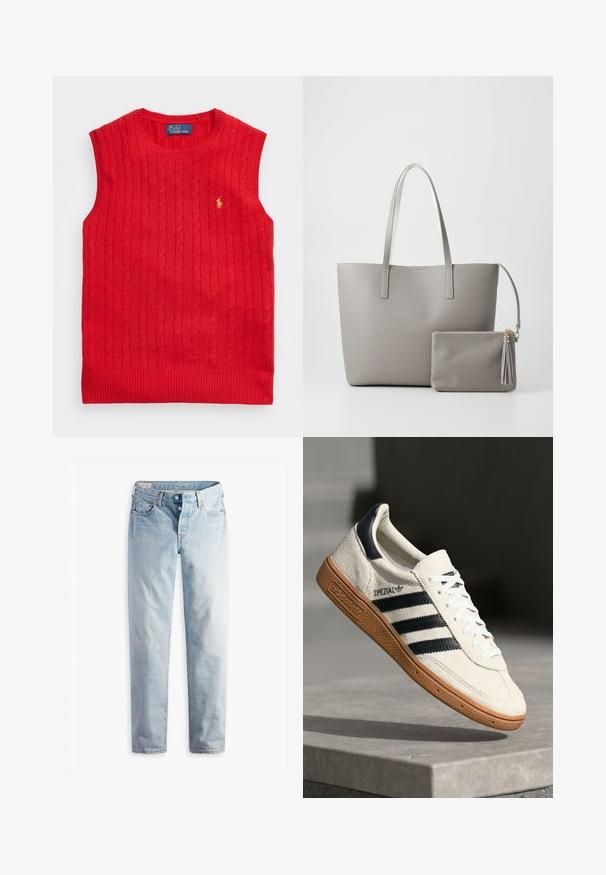 Polo Ralph Lauren SLEEVELESS - Vesta - red; Svijetloplavi traperice s ravnim nogavicama, dva prednja džepa i dva stražnja džepa. Uključuje zatvaranje na dva gumba i suptilno šivanje.; Bijela suede tenisica s mornarsko plavim prugama, gumeni potplat od smole, teksturirani gornji dio, okrugli nos, i vezice; sadrži brendiranje sa strane i na jeziku.; Siva sintetička torba s dugim drškama i pratećom malom torbicom na zip s resicom. Glatka tekstura s suptilnim uzorkom.