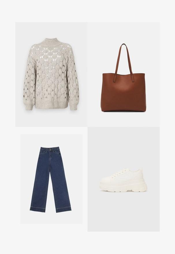 Pleteni pulover v svetlo bež barvi z ohlapno, teksturirano zasnovo, ki prikazuje vzorec odprtih diamantskih oblik. Visok ovratnik in rebrasti rokavi.; Široke traperice v temno modrem denimu. Imajo pet žepov, zanke za pas in surov rob na dnu z vidnimi šivi.; Bela platnena teniska z debelim podplatom, okroglo konico in petimi luknjicami za vezalke. Zadaj je dodana zanka za enostavno obuvanje. Gladka tekstura, minimalistična zasnova.; Rjava usnjena torba z gladko teksturo, odprto zasnovo zgoraj in dvema naramnima trakovoma. Opremljena je z minimalnim šivanjem in brez vidnih kovinskih delov.
