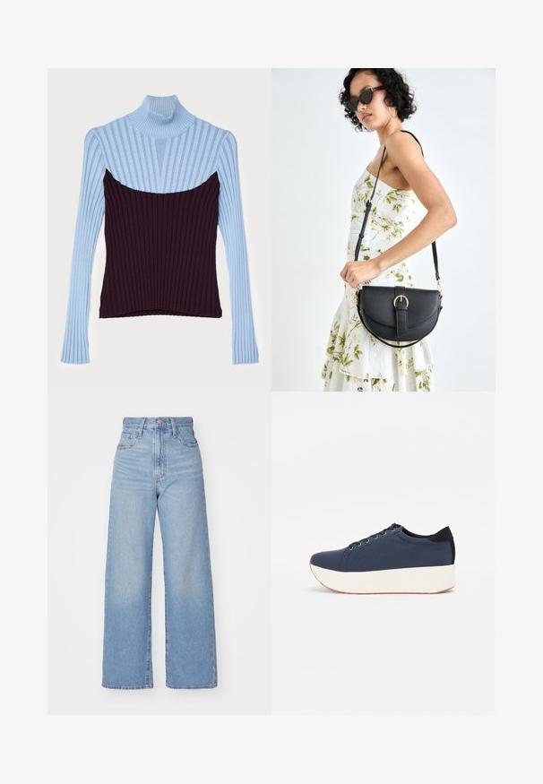Tory Burch Stickad tröja - seafaring/dark eggplant; Ljusblå högmidjade vida jeans med knapp- och dragkedjestängning, fram- och bakfickor, mot en vit bakgrund.; Marinblå sneaker med en strukturerad tygöverdela, vit plattformssula, rund tå och svart hälsaccent. Har sex hål för snörning.; Svart läderhandväska med en böjd form, avtagbar rem och guldiga detaljer. Väskan har ett lock med en spänndetalj.