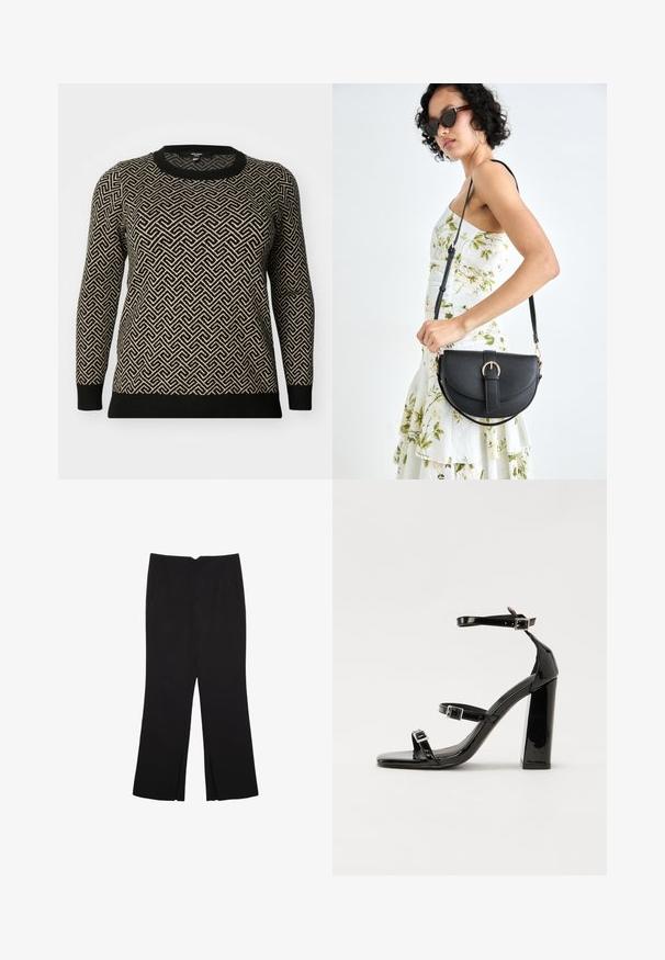 Černý a béžový svetr s vzorem, který má dlouhé rukávy, kulatý výstřih a geometrický design s kontrastními žebrovanými manžetami a lemem.; Černé kalhoty s rovným střihem, s předními kapsami a bočními rozparky na lemu. Vyrobené z jemné, hladké tkaniny. Vhodné na různé příležitosti.; Černé lakované sandály na podpatku se čtveratou špičkou, lýtkovými pásky a stříbrnými přezkami. Disponují masivním blokovým podpatkem pro stabilitu.; Černá kožená kabelka s křivkovým tvarem, odnímatelným popruhem a zlatými detaily. Kabelka má klopu s přezkou.
