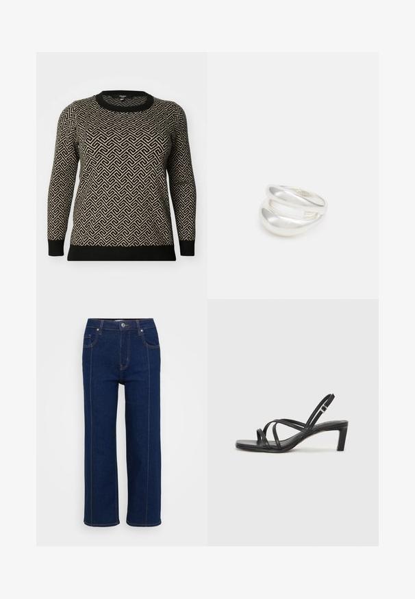 Suéter negro y beige con un estampado que presenta mangas largas, cuello redondo y un diseño geométrico con puños y dobladillo acanalados en contraste.; Jeans rectos de color azul oscuro con cierre de botón, bolsillos delanteros y traseros, y costuras naranjas visibles a lo largo de las costuras.; Sandalia negra de tiras con punta cuadrada y tacón bajo de bloque. Presenta múltiples tiras delgadas y una correa ajustable en el tobillo. Fabricada en cuero suave.; Anillo de plata de doble banda con una superficie lisa y pulida. Presenta un diseño fluido y curvado con secciones superpuestas para un aspecto moderno.
