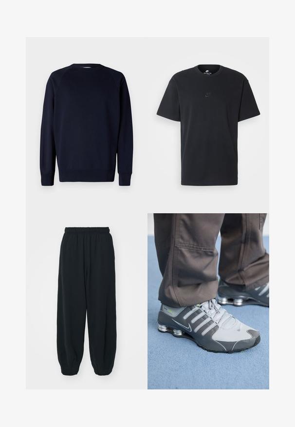 Sweatshirt azul-marinho de manga longa com mangas raglan, decote redondo, punhos e barra canelados. Tecido de algodão suave, design minimalista.; T-shirt de algodão preto da Nike com um clássico decote redondo, mangas curtas e um logótipo em relevo discreto no peito. Textura suave.; Calças de fato de treino pretas, com cintura elástica e um corte solto, com punhos nas pernas, textura suave e sem padrões visíveis ou detalhes de metal.; Ténis Nike Shox cinza e prata apresentam um design elegante, com materiais em malha e sintéticos, ponta arredondada e colarinho acolchoado.