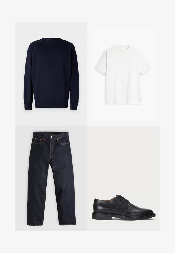 Felpa a maniche lunghe blu navy con maniche raglan, scollatura rotonda, polsini e orlo a costine. Tessuto di cotone liscio, design minimalista.; T-shirt bianca in cotone con maniche corte, colletto tondo e logo Levi's discreto stampato al centro. Texture morbida e vestibilità standard.; Jeans in denim blu scuro con taglio dritto, cinque tasche, cuciture arancioni a contrasto e chiusura con bottone. Nessun motivo o decorazione visibile.; Scarpa da uomo in pelle nera con punta rotonda, design con lacci e tacco basso impilato. Texture liscia con dettagli di cucitura minimi.