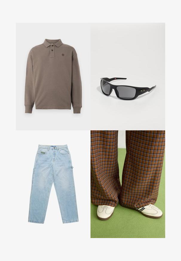 Camisa polo de manga larga en algodón beige oscuro, con un tap Valenciano de dos botones, puños acanalados y un pequeño logo bordado en el pecho.; Jeans de denim azul claro con un corte holgado, diseño de cinco bolsillos y costuras visibles. Presenta una etiqueta de la marca en el bolsillo frontal.; Pantalones de pata de elefante de cuadros marrones y azules combinados con zapatos blancos con detalles en negro y suelas texturizadas, sobre un fondo verde.; Gafas de sol negras con forma rectangular, fabricadas en plástico duradero, con lentes ahumados grises y un acento dorado en el lateral.