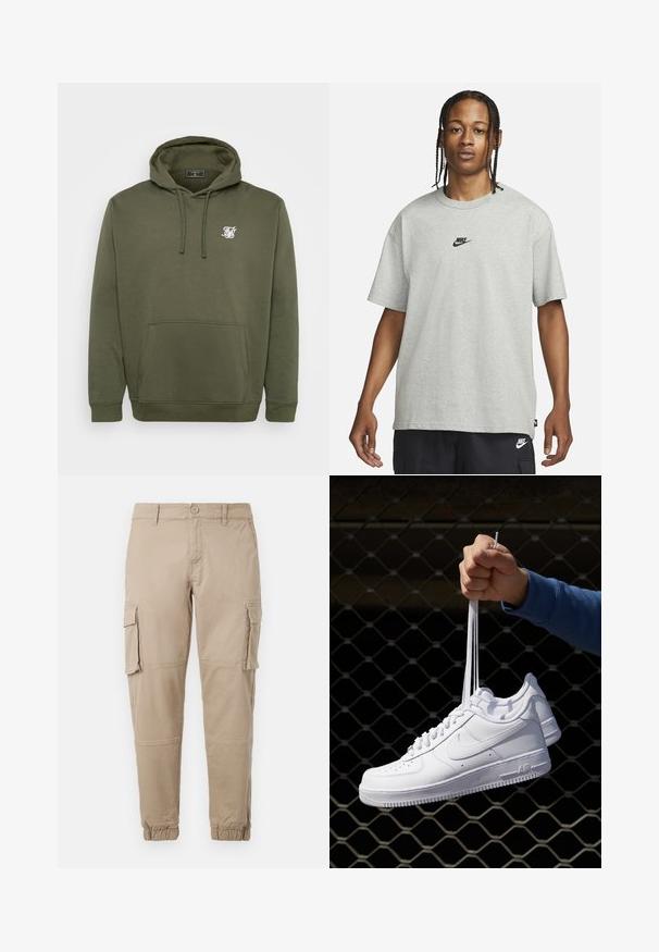 Sudadera verde oliva hecha de una suave mezcla de algodón, con un bolsillo frontal, capucha con cordón y logo blanco en el pecho.; Joven con cabello trenzado que lleva una camiseta Nike gris claro y pantalones cortos Nike negros frente a un fondo blanco liso.; Pantalones cargo beige de un material de algodón ligero. Presenta puños elásticos, múltiples bolsillos laterales y un cierre de botón.; Zapatillas de cuero blanco con perforaciones, punta redonda, suela plana y cordones gruesos, con un logo de swoosh visible y "AIR" en el talón.