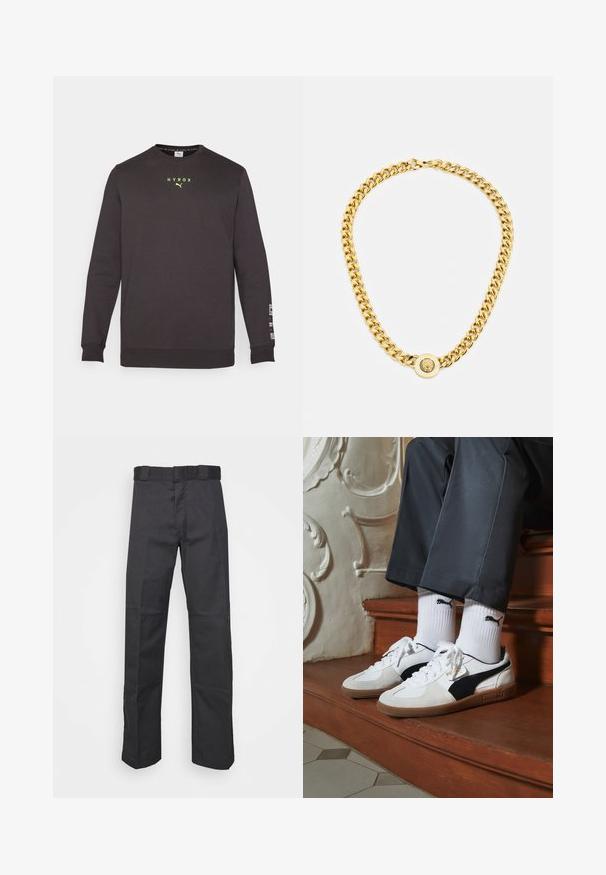 Črna pulover s dolgimi rokavi, krožnim izrezom, odsevnim rumenim logotipom "HYROX" na prsih in belim besedilom na levem rokavu. Mehek, flis material.; Črne hlače iz trpežnega blaga, z ravnim krojem, pasom z zankami za pas in šivi za dodano teksturo.; Puma superge v beli in črni usnjeni izvedbi, sročene s rjavim gumijastim podplatom. Usklajene z belimi nogavicami z črnim logotipom, nosijo se s temnimi hlačami.; Zlata verižica z velikimi medsebojnimi povezavami, ki ima v središču krožni obesek z izbočenim grbom.