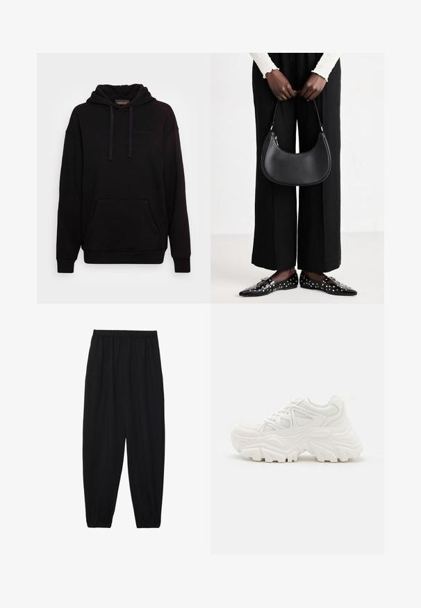 Colourful Rebel MOTH GLITTER OVERSIZED HOODIE WOMEN - Camisola - black; Calças pretas, leves, com um cinto elástico e punhos franzidos. O tecido é suave e apresenta um design relaxado e afunilado.; Sapatilhas brancas chunky com um upper texturizado, painéis em malha e solas de borracha grossas com um padrão de nervuras proeminente. Inclui atacadores e laço para puxar.; Bolsa de ombro de couro preta com forma arredondada, acabamento brilhante e ferragens prateadas. Pessoa vestindo calças largas pretas e mocassins com tachas.