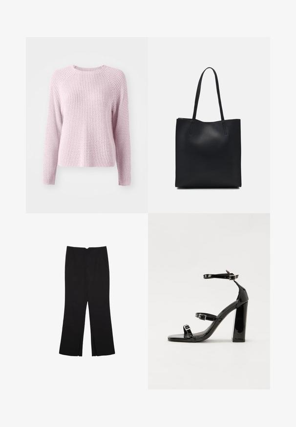 Svetlo roza pletena jopica z teksturiranim, vafljastim vzorcem. Ima dolge rokave in okroglo ovratnico ter raglan rokave.; Črne hlače ravnega kroja z naglavnimi žepi in stranskimi razporki na robu. Narejene iz mehke, gladke tkanine. Primerne za različne priložnosti.; Črne lakirane sandale s peto, kvadratnim prstom, trakovi okrog gležnja in srebrnimi zaponkami. Opremljene so s stabilno Debelo peto.; Črna usnjena torba s svilnato teksturo, pravokotne oblike in dvema dolgima ročajema. Brez vidnih metalnih delov ali okrasnih elementov.