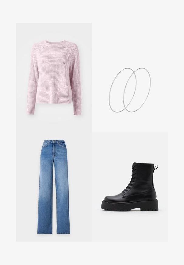 Hellrosa gestrickter Pullover mit strukturiertem, waffelartigem Muster. Verfügt über lange Ärmel und einen runden Ausschnitt, mit Raglanärmel-Design.; Helleblaue, weit geschnittene Jeans aus Denim mit hoher Taille, Vorderaschen und einem normalen Knopfverschluss. Glatte Textur.; Schwarze Lederstiefeletten mit runder Zehenpartie, Schnürung vorne und einer dicken Gummisohle mit strukturiertem Profil. Mit Zugschlaufe an der Rückseite.; Silberne Creolen mit minimalistischem Design. Rundform, glatte Oberfläche und dünnes Profil. Leichtgewichtig mit hochglänzender Oberfläche.