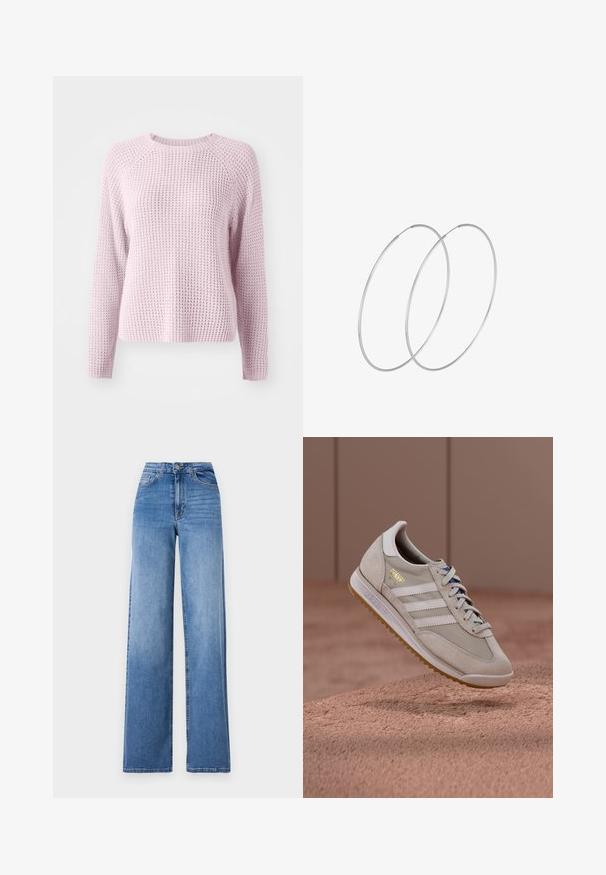 Hellrosa gestrickter Pullover mit strukturiertem, waffelartigem Muster. Verfügt über lange Ärmel und einen runden Ausschnitt, mit Raglanärmel-Design.; Helleblaue, weit geschnittene Jeans aus Denim mit hoher Taille, Vorderaschen und einem normalen Knopfverschluss. Glatte Textur.; Beige Sneaker mit Obermaterial aus Wildleder und Mesh, weißen drei Streifen, brauner Gummisohle, blauen Schnürsenkeln und goldenem Akzentlogo. Klassisches Retro-Design.; Silberne Creolen mit minimalistischem Design. Rundform, glatte Oberfläche und dünnes Profil. Leichtgewichtig mit hochglänzender Oberfläche.
