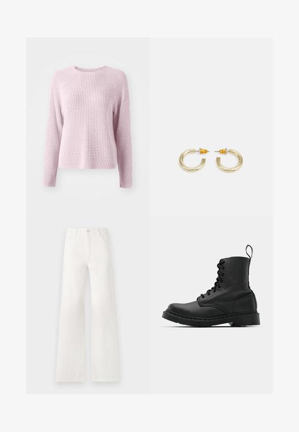 Light pink knitted sweater with a textured, waffle-like pattern. Features long sleeves and a round neckline, with raglan sleeve design.; White, high-waisted wide-leg jeans made of denim. Features a button closure, two front pockets, and side seams with stitching details.; Black leather combat boot with a round toe, lace-up front, and a pull tab at the ankle. Features a thick rubber sole for durability.; Gold-toned hoop earrings with a smooth, rounded shape and a polished finish. Features orange accents on the back for secure fastening.