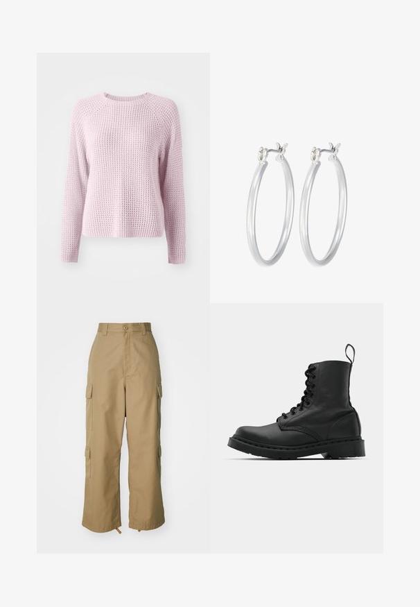 Svetlo roza pletena jopica z teksturiranim, vafljastim vzorcem. Ima dolge rokave in okroglo ovratnico ter raglan rokave.; Bežne cargo hlače z visokim pasom, širokimi nogami in štirimi velikimi stranskimi žepi. Narejene so iz trpežnega materiala z gladko teksturo in minimalnimi detajli.; Črne usnjene vojaške škornje s okroglo konico, z vezalkami spredaj in z zanko na gležnju. Imajo debele gumijaste podplate za dolgo življenjsko dobo.; Srebrni obroči za ušesa z gladko, polirano površino. Okrogla oblika in varna zaponka s klikom. Lahka zasnova, primerna za vsakodnevno nošenje.