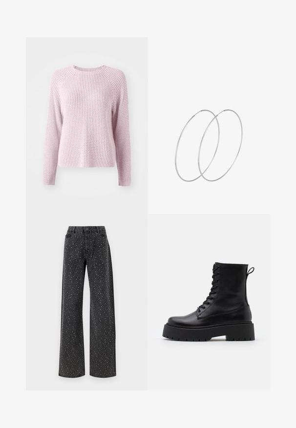 Kallist roosa kudumine kampsun, millel on tekstuuriga vahvlilaadne muster. Omab pikki varrukaid ja ümmargust kaelaauku, raglan varrukate disainiga.; Noisy May NMJANNEL LOOSE - Avar lõikega teksad - black denim; Mustad mustad nahast pahkluu saapad ümarate varvastega, nööridega esiosas ja paksu kummist talla ning tekstuuritud mustriga. Tagumine tõmbeaas.; Hõbedased rõngastikkaehingad minimalistlikus disainis. Ümar kuju, sile tekstuur ja õhuke profiil. Kerged ning poleeritud viimistlusega.