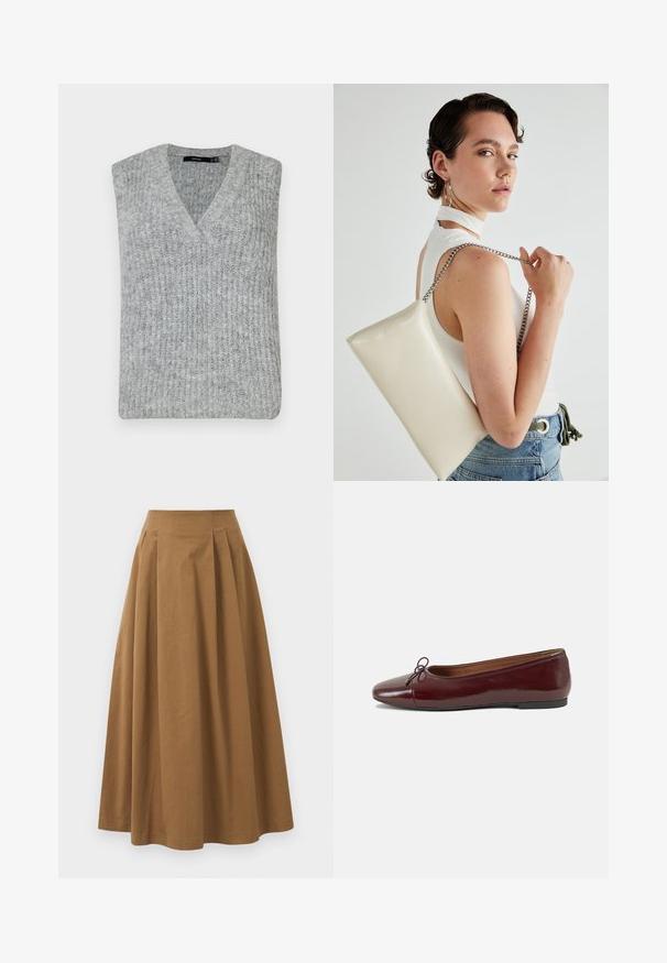 Siva pletena brezrokavnik z V-izrezom in brezrokavnim dizajnom. Ima rebrasto teksturo in ravno robno linijo.; Rjava bombažna A-linijska krila z visokim pasom, ki vključuje naborke spredaj in gladko teksturo. Robovi so čisti in preprosti.; Burgundska patenti usnjeni baletni čevlji z zaobljenim prstom, majhnim lokom na sprednji strani in nizkim črnim gumijastim podplatom. Gladka tekstura.; Bela pravokotna torbica za ključe iz sijajnega materiala, opremljena s srebrno verižico. Model pozira in prikazuje torbico na enobarvni podlagi.