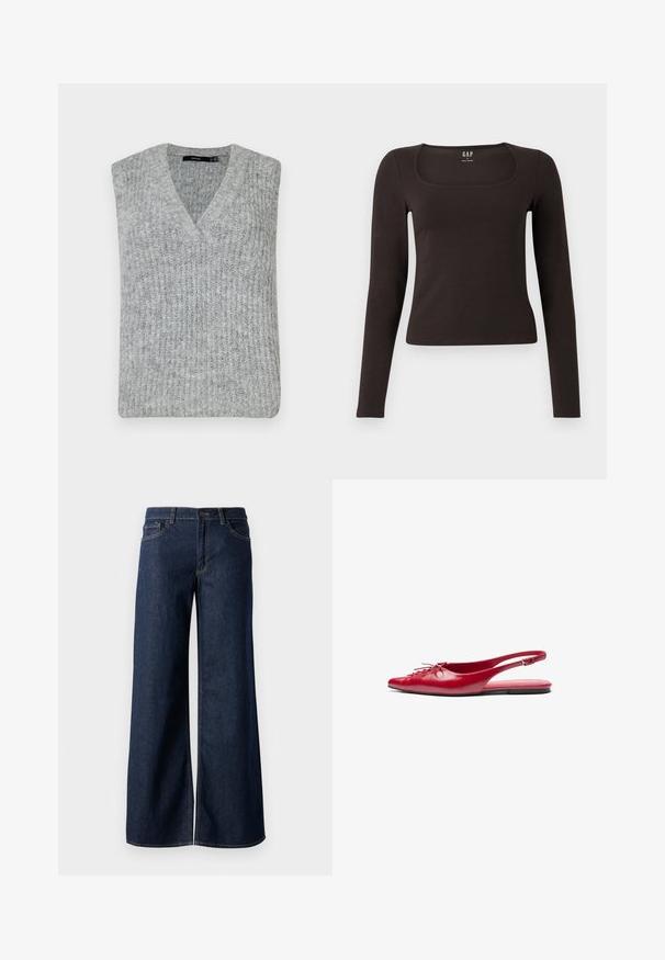 Szary dzianinowy kamizelka z dekoltem w serek i bez rękawów. Posiada prążkowaną fakturę i prosty dół.; Czarny, długi rękaw, dopasowana bluzka z kwadratowym dekoltem, oznaczona marką GAP, wyeksponowana na białym tle.; Jeansy z szerokimi nogawkami w ciemnoniebieskim denienie. Posiadają kontrastowe przeszycia, pięć kieszeni oraz zapięcie na guzik w talii. Gładka faktura.; Czerwone skórzane buty typu slingback z płaską podeszwą i spiczastym noskiem, z ozdobnym sznurówką z przodu, posiadające wąski pasek na kostkę.