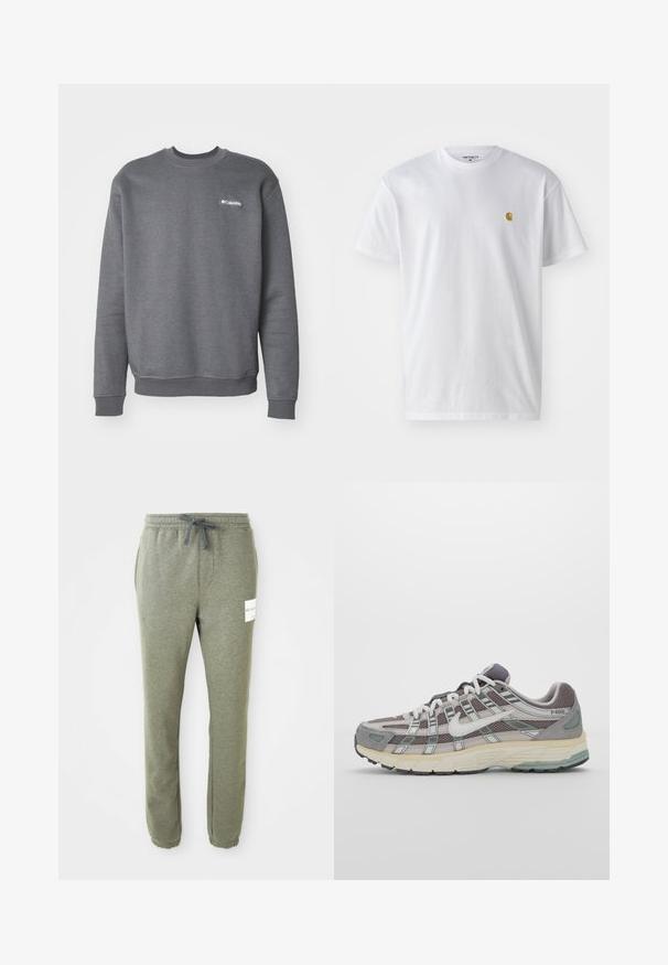 Pelēks sporta krekls, izgatavots no flīsa materiāla, ar ribotu apkakli un aprocēm, ar mazu baltu logotipu kreisajā krūšu daļā.; Balta kokvilnas t-kreklu ar īsām piedurknēm, apaļu kakla izgriezumu, ar mazu zelta logotipu kreisajā krūšu pusē. Mīksta tekstūra un regulāra piegriezuma.; Hētera pelēkas taperētas sporta bikses ar elastīgu jostu, auklu, sānu kabatām, potīšu aprocēm un mazu baltu zīmola etiķeti labajā augšstilbā.; Pelēkie sporta apavi ar tīkla un zamša augšdaļu, baltiem akcentiem, mīkstinātu zoli un izcilu dizainu ar atstarotājiem.