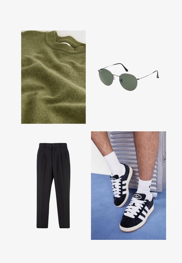 Olivově zelený svetr z měkké, texturované tkaniny; žebrovaný výstřih s mírně kulatým střihem; celkový vzhled je hladký a mírně splývavý.; Černé kalhoty s plisovaným předním designem, vyrobené z hladké tkaniny. Obsahují zapínání na knoflík a poutka na opasek; rovný střih.; Černé semišové tenisky s bílými tkaničkami a třemi bílými pruhy. Mají kulatou černou logo na jazyku a gumovou podrážku.; Sluneční brýle s kovovým rámem a oválnými zelenými skly. Tenký stříbrný kovový rám a černé chrániče uší. Minimalistický design, žádné viditelné logo.