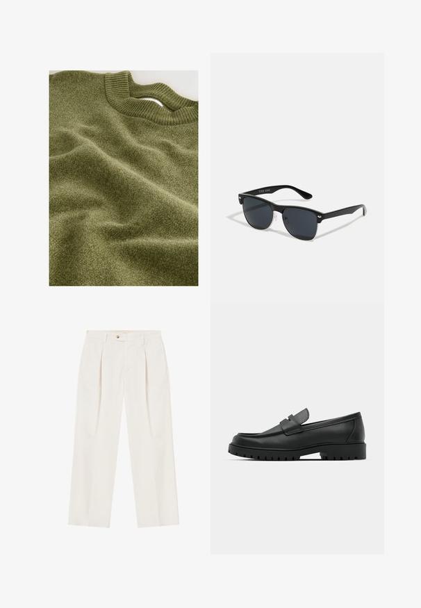 Pull olive en tissu doux et texturé ; col côtelé avec un léger design à encolure ronde ; aspect global lisse et légèrement drapé.; Pantalons blancs à jambes larges avec plis à l'avant, fermeture à un seul bouton et poches latérales. Texture lisse et design ajusté.; Mocassins en cuir noir à bout arrondi, avec un design cousu, une semelle plateforme basse et une semelle en caoutchouc texturée et crantée.; Lunettes de soleil noires de forme rectangulaire, verres foncés, accents argentés aux tempes et finition mate sur la monture.