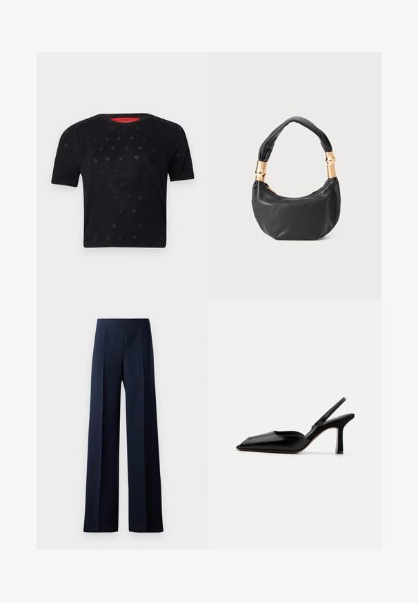 Schwarzes kurzärmliges Oberteil mit Rundhalsausschnitt, das mit diamantförmigen Ausschnitten und einer glatten Textur versehen ist. Rotes Etikett ist am Halsausschnitt sichtbar.; Weit geschnittene Hosen aus dunkelblauem Stoff mit einer glatten Textur, subtilen frontalen Falten und einem taillierten Bund für eine schlanke Silhouette.; Schwarzer Leder Slingback-Absatz mit spitz zulaufender Zehenpartie, minimalistisches Design, dünner Knöchelriemen und eleganter Stiletto-Absatz. Glatte Textur.; Schwarze Lederhandtasche mit runder Form, weicher Textur und einem geknoteten Griff mit goldfarbenen Hardware-Akzenten. Reißverschlussverschluss.