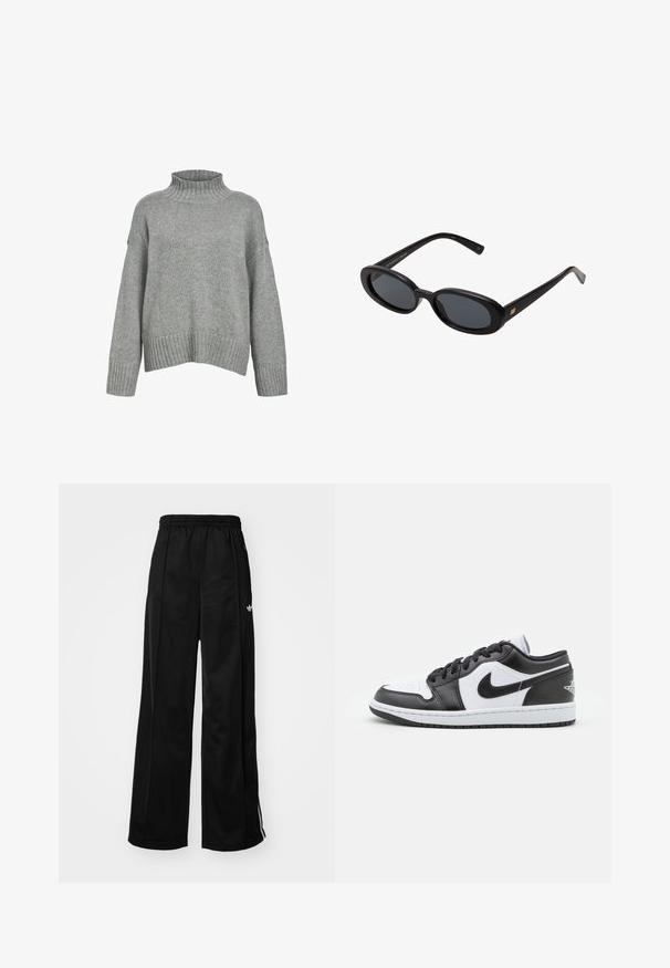 Hellgrauer, gestrickter Pullover mit hohem Rippenkragen, überschnittenen Schultern sowie Rippenbündchen und -saum, der eine strukturierte Oberfläche aufweist.; Langärmliges, weißes, kurz geschnittenes T-Shirt aus weichem Stoff, mit Rundhalsausschnitt und lockerer Passform sowie umgeschlagenen Ärmeln. Einfaches und sauberes Design.; Schwarze weiter Schnitt Jogginghose mit elastischem Bund, mit weißen Seitenstreifen und kleinem Logo auf der linken Hüfte. Glatte Stofftextur.; Schwarz-weiße Nike Low-Top-Sneaker verfügen über ein glattes Leder-Obermaterial, eine runde Zehenpartie, eine Schnürung und eine gemusterte Gummisohle.; Schwarze, oversized Sonnenbrillen mit ovalen Gläsern, glattem Kunststoffrahmen und goldenen Akzenten an den Bügeln. Die dunklen Gläser bieten Sonnenschutz.