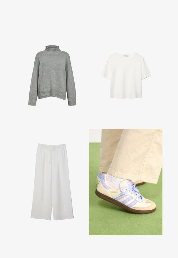 Maglione grigio chiaro, lavorato a maglia, con colletto alto a costine, spalle scese e polsini e orlo a costine, caratterizzato da una finitura testurizzata.; T-shirt bianco a maniche corte realizzato in cotone. Presenta un collo tondo e una vestibilità rilassata. Texture liscia senza motivi o dettagli visibili.; Pantaloni bianchi a gamba larga realizzati in tessuto leggero, dotati di una vita elastica e di un cordino per una vestibilità regolabile. Texture liscia.; Sneakers crema e lavanda con tre strisce e suola marrone texturizzata, dotati di lacci e tallone imbottito. Parte superiore in tessuto morbido.