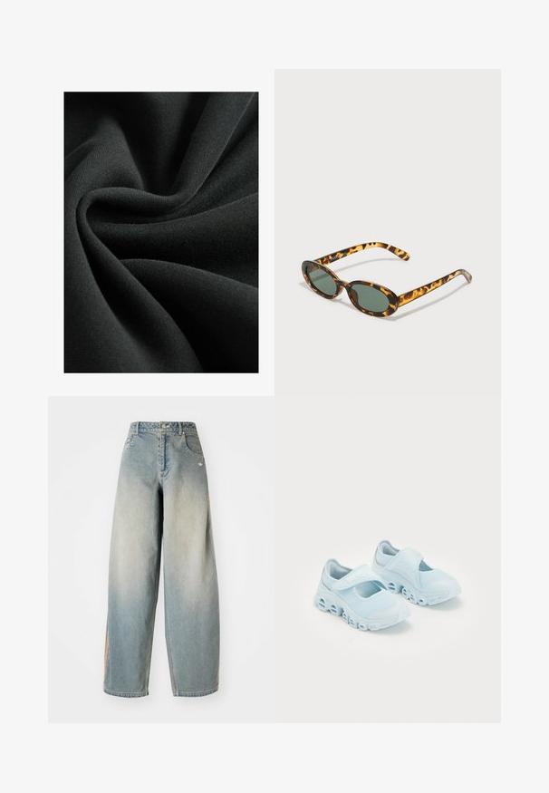 Juodas audinys su lygiu, minkštu paviršiumi, primenančiu lengvą mezginį. Medžiaga krenta raukšlėmis, demonstruodama subtilų blizgesį.; Šviesiai mėlynos džinsinės plačios kojos kelnės su nusidėvėjusiu paviršiumi. Yra priekiniai kišenės, mygtuko uždarymas ir subtilus logotipas ant liemens juostos.; Šviesiai mėlyni sportbačiai su tinklelio audiniu, akcentuotais įpjovimais pado dalyje ir Velcro dirželiu viršuje, užtikrinančiu saugų prigludimą.; Kostiumuotojo saulės akiniams su ovaliais rėmeliais, tamsiai žaliais objektyvais ir lieknais kojelėmis. Rėmelyje yra subtilus logotipas.