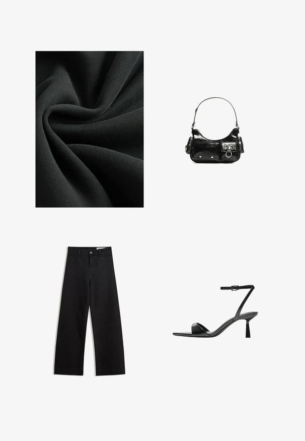 Tessuto nero con una consistenza liscia e morbida, simile a un maglione leggero. Il materiale si drappeggia in pieghe, mostrando una leggera lucentezza.; Pantaloni in denim neri a gamba larga con vita alta, dotati di tasche anteriori e posteriori, cuciture a punto, e chiusura con bottone. Texture liscia.; Bershka Sandali con tacco - black; Borsa a spalla in vernice nera con forma curvata, una tracolla, tasche frontali e dettagli in metallo argentato.