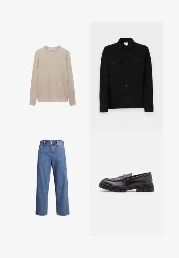 Beige ribbindikkruvitu neulepusero, jossa on pyöreä pääntie, pitkät hihat ja suora helma. Pehmeä rakenne ja neutraali väri, joka sopii kerrospukeutumiseen.; Musta nappikauluspaita, joka on valmistettu sileästä kankaasta. Paidassa on kaksi rintataskua, pistekaulus ja napitetut hihansuut. Yksinkertainen muotoilu, jossa on vähäiset yksityiskohdat.; Vaaleansiniset farkut, joissa on suora lahje, korkea vyötärö ja minimaliset ompeluyksityiskohdat. Kangas on pehmeä ja hieman haalistunut.; Mustat nahkaa olevat loaferit, joissa on sileä pinta, varustettuna edessä olevalla hihnalla ja paksulla kumipohjalla, jossa on uritettua muotoilua.