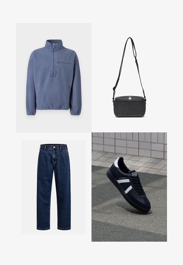 Light blue fleece pullover with a high collar, half-zip closure, and a chest pocket. Features embroidered "GAP" logo and elastic cuffs.; Dark blue denim jeans with a straight-leg design. Features visible stitching, a button closure, and front pleats for added detail.; Black leather sneaker with white stripes, textured rubber sole, and lace-up front. Features a branded label on the tongue.; Black leather crossbody bag with a zip closure, embossed logo on the front, and adjustable strap. Smooth texture with a rectangular shape.