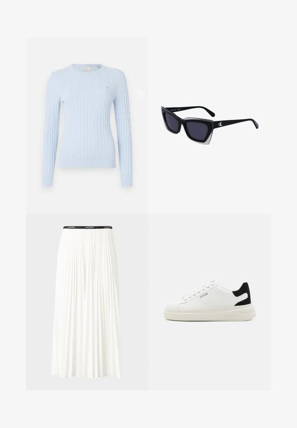 Világoskék, kabelhálós kötésű pulóver hosszú ujjakkal, kerek nyakkivágással és bordás mandzsettával. Kicsi logó található a mellkason. Puha tapintású.; Plisszírozott fehér szoknya fekete elasztikus derékkal, amelyen a "LACOSTE" logó található. Középhosszú kialakítás, puha tapintással.; Fehér bőr sportcipők vastag fehér talppal, fekete velúr sarokpikkelyel és dombornyomott logóval az oldalon. Fűzős kialakítás, hat fűzőlyukkal.; Fekete, nagyméretű napszemüveg geometrikus formával, sötét lencsékkel és kontrasztos szürke részlettel a kereten. Logó a szárán.