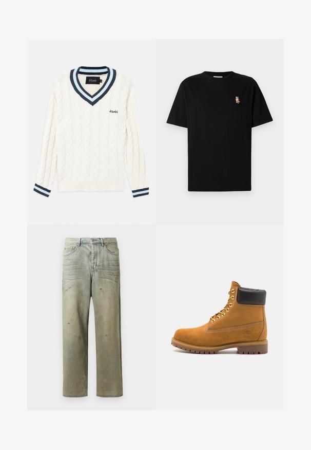 Kreminės spalvos megztinis su pynimo raštu, V formos iškirpte ir tamsiai mėlynos bei šviesiai mėlynos juostelės apykaklėje ir rankogaliuose.; Juoda trumpomis rankovėmis apvalaus kaklo marškinėliai su maža išsiuvinėta oranžine lapės logo kairėje krūtinės pusėje.; Šviesiai žaliai nuvarytos džinsinės kelnes, su tiesiomis kojomis, penkių kišenių dizainu, nelygiai blukščiantis ir su dažų lašeliais.; Tan spalvą turintys suknelės batus iki kulkšnies su juodu paminkštintu apvadu, auksiniais metaliniais akių užsegimais, baltais siūlų dekoratyviniais elementais ir tvirtu guminiu padu su ryškiai išreikštais raštais.