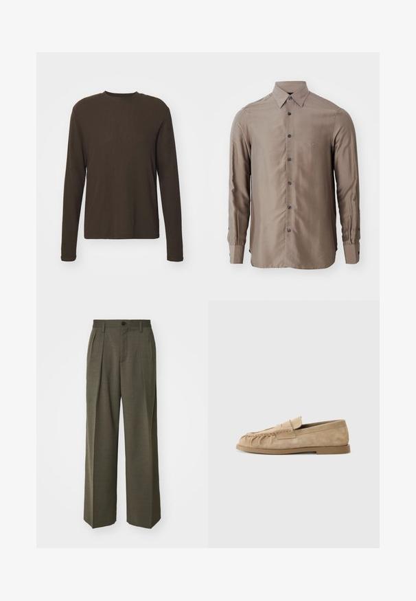 T-shirt à manches longues à col rond en marron foncé. Fabriqué dans un tissu lisse et extensible avec une coupe droite et des coutures minimales. Pas de motifs ni d'accents.; Chemise à manches longues de couleur taupe, en tissu lisse, avec un devant à boutons et des boutons foncés, ornée d'un petit logo sur la poitrine.; Filippa K WIDE TROUSERS - Pantalon classique - driftwood; Mocassins slip-on en daim beige avec un design froncé, dotés d'une semelle plate et d'une bande décorative sur le devant. Texture lisse.